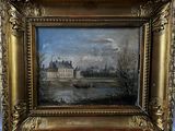 painting of a view of a castle with a boat in the foreground