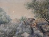 a painting of an elephant in a field with rocks and trees
