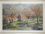 an image of a painting of a house in a field with trees
