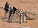 dessin représentant une vieille église dans le désert, avec des montagnes en arrière-plan