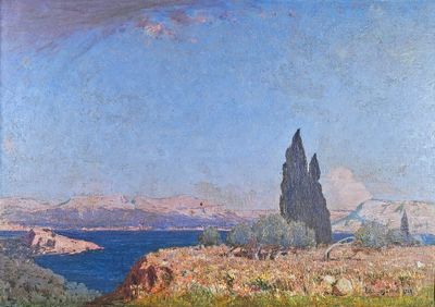 une image représentant un tableau représentant une vue sur un lac et des montagnes