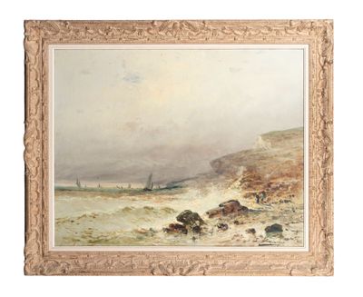 une image représentant une peinture d'une scène de plage avec un bateau au loin