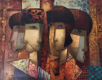 peinture abstraite représentant deux hommes portant un chapeau et une écharpe