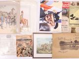 a lot of old postcards that are on the wall