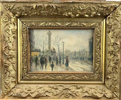 painting of people walking down a snowy street in a city