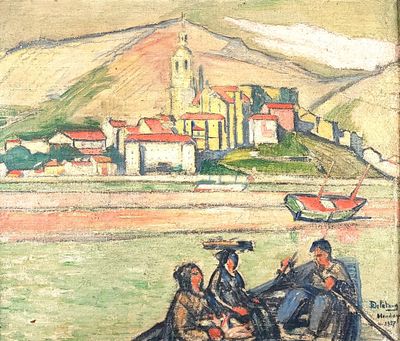a painting of a group of people in a boat on the water
