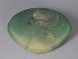 a green and yellow object on a white surface
