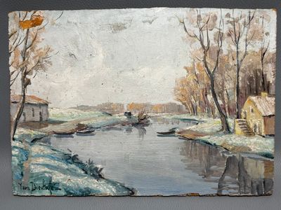 a painting of a painting of a river with boats on it