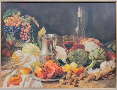 painting of a still life of fruits and vegetables on a table