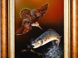 painting of two birds and a fish in a frame