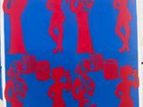 a red and blue poster with images of people carrying baskets