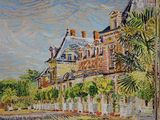 an oil painting of a building with a palm tree in front of it