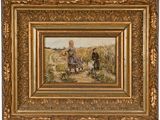 un tableau représentant deux enfants et un chien dans un champ
