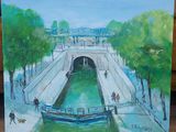 tableau représentant un pont au-dessus d'une rivière, sur lequel marchent des personnes