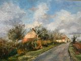 a painting of a country road with a house in the distance