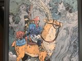 a picture of a picture of a man riding a goat