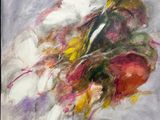 une peinture à l'huile représentant un homme à cheval, avec un bouquet de fleurs sur le dos