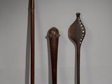 three different types of wood and metal items on a white surface