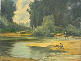 un tableau représentant un homme en train de pêcher au bord d'une rivière