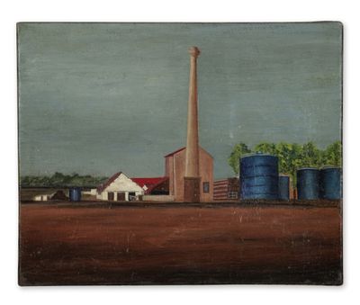 an oil painting of a factory on a farm with a silo in the foreground