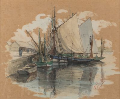 a painting of a boat on the water with other boats in the water