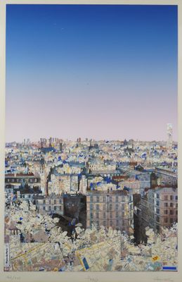 an image of a painting of a cityscape with a bird flying over it
