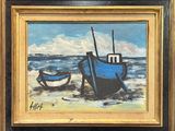 une peinture d'un bateau sur la plage au bord de l'eau