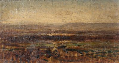 an image of a painting of a landscape with hills in the distance