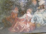 une peinture représentant un groupe de personnes assises sur un banc