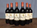 six bottles of red wine are lined up on a wooden table