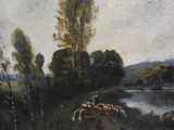 a painting of a man herding a flock of sheep by a river