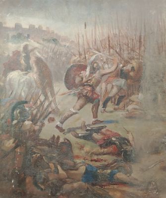 tableau représentant une bataille avec des hommes à cheval et des chevaux