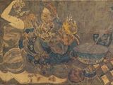 un vieux tableau représentant une femme assise sur une table avec un panier de fleurs