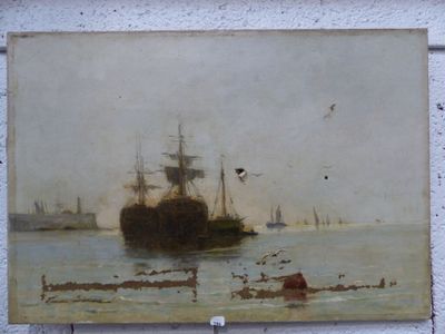 tableau représentant un bateau sur un plan d'eau, avec d'autres bateaux en arrière-plan