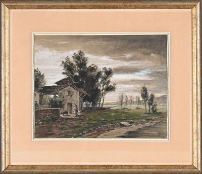 une image représentant un tableau illustrant une scène de campagne avec une maison et des arbres