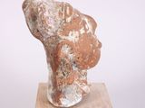 an image of a sculpture of a head on a wooden block