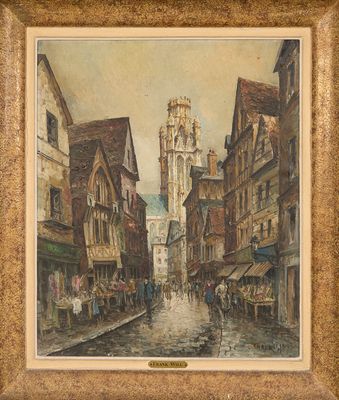 une image représentant une peinture d'une rue de ville avec une église en arrière-plan