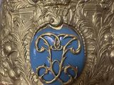 a person holding a gold and blue purse with a picture on it