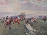 a painting of a group of people riding horses in a field