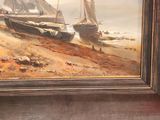 a picture of a painting of boats on the beach