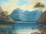 un tableau représentant un bateau sur un lac, avec des montagnes en arrière-plan