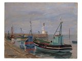 a painting of a boat in the water next to a lighthouse