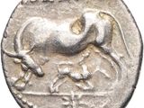 a close up of a silver coin with a horse on it