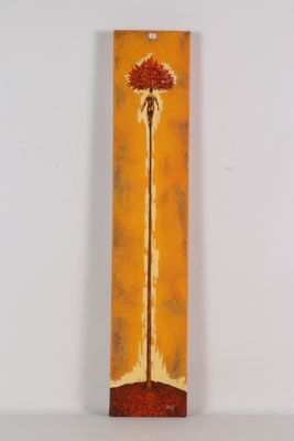 une peinture représentant une fleur dans un vase sur fond orange