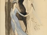 drawing of a woman and a horse in a blue dress with the words le biches