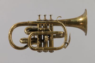 a brass trumpet that is sitting on a table