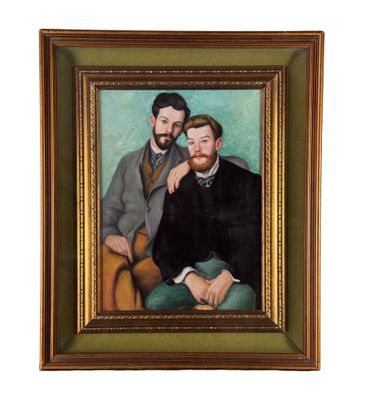 tableau représentant deux hommes assis l'un à côté de l'autre sur un fond vert