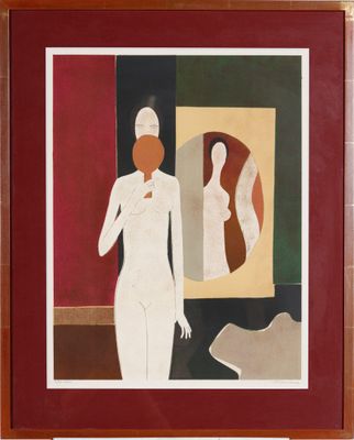 une image représentant un tableau où l'on voit une femme debout devant un miroir