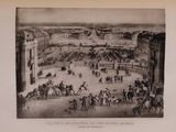 a picture of a picture of a city with people and horses