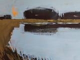 an image of a painting of a field with a body of water in the background